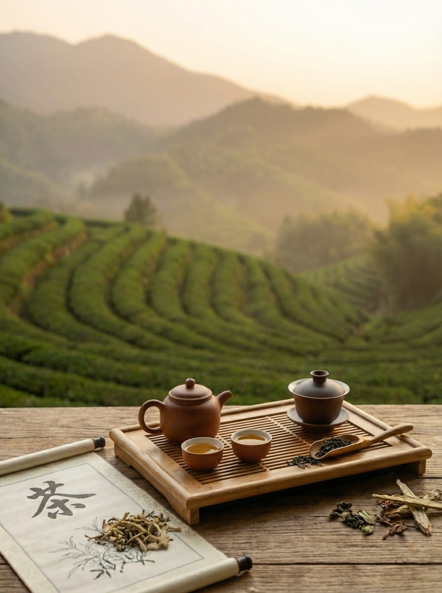 Traditional Chinese tea ceremony with clay teapot and cups